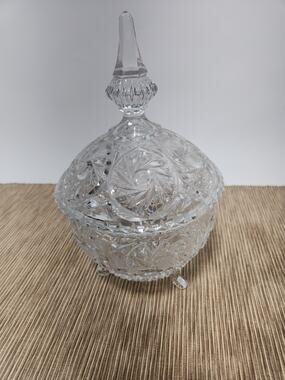 Vintage Cut Crystal Covered Candy Dish 3 Footed Lidded Trinket Bowl Pinwheel